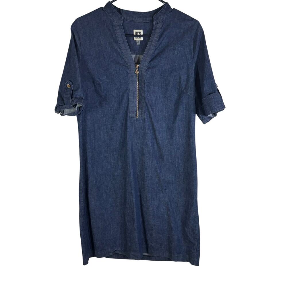 Anne Klein Womens 12 Blue Chambray Denim Shift Dress Gold Zip Roll Tab Sleeve